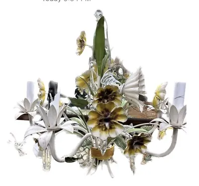 Vintage Tole Floral 5 Arm Light Lighting Fixture Chandelier Pansy ITALY Works • $169
