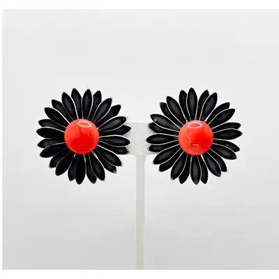 Daisy Flower Power Earrings Black & Red Enamel Clip On Retro Flower Vintage 60s • $11.90