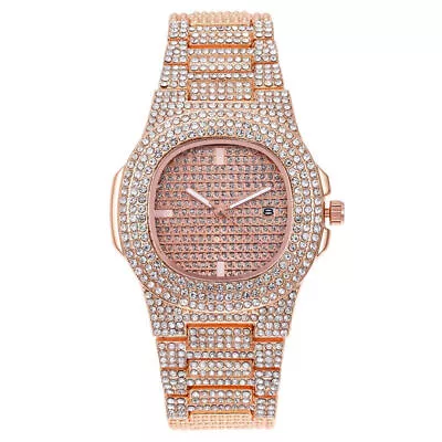 Hip Hop Bling Full Diamond Rhinestone Watch Ladies Men Steel Strap Wrist Watches • £12.29