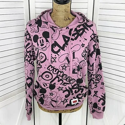 Disney Mickey Mouse Hoodie Sweatshirt Women Medium Purple Black Graffiti Graphic • $19.95
