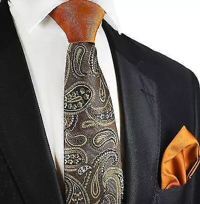 Caramel Brown Paisley Contrast Knot Tie Set By Paul Malone • $19.99