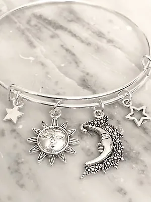 Celestial Sun~moon & Stars Silver Charm Expandable Bangle Bracelet • $3.99