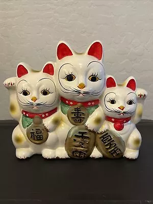 Japan Antique Ceramic Triple LUCKY CAT MANEKI NEKO Right Hand Good Fortune Bank • $72.99