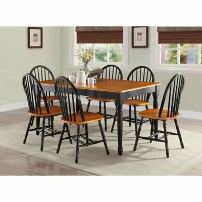7 Piece Kitchen Dining Set Farmhouse Wood Table & 6 Chairs Black & Cherry Oak • $559.25