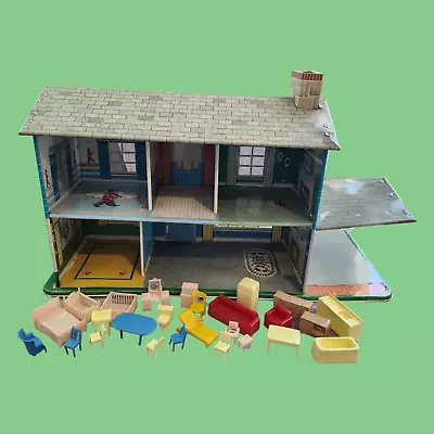Vintage Marx Metal Doll House 2 Story Colonial 5 Room W/ 26 Pieces Furniture • $100