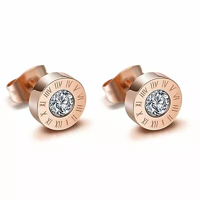 Men Women Stainless Steel Cubic Zirconia Round Roman Numerals Stud Earrings • $7.89