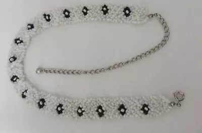 Vintage Silver Tone White And Black Seed Bead Choker Necklace • $11.99