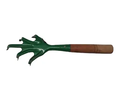 Vintage 5 Prong Garden Tool / Hand Rake - Green W/ Wood Handle - Farm Fresh • $12