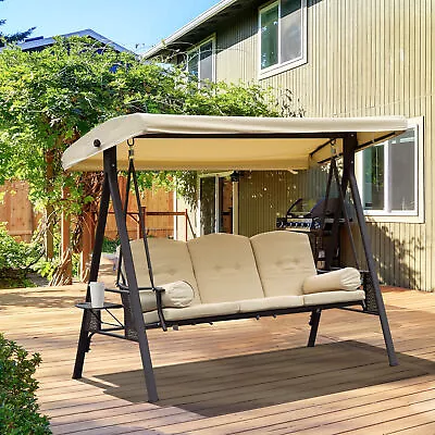 Outdoor 3 Seat Garden Swing Chair Steel Swing Hammock Bench W/Cushions Beige • £249.99