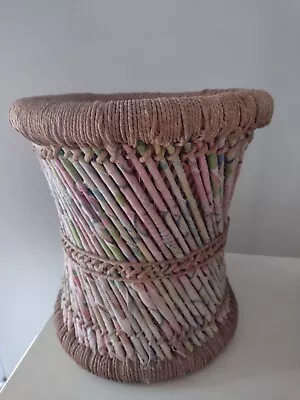 Vintage Mcm Woven Rattan Rope & Fabric Stool • $45