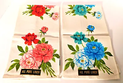 Vtg. Pair Pure Linen Blue + Pink Floral Bouquet Tea Towels 28x16 NOS Lot Of 2 • $19.50