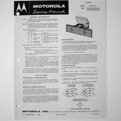 Motorola ® Model SH20 Stereo Record Player Phonograph Service Manual © 1960 • $4.70