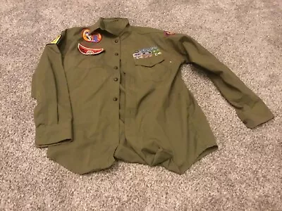 Vtg  Boy Scout Uniform Shirt Darker Green W/Patches- Long Sleeve • $29.99