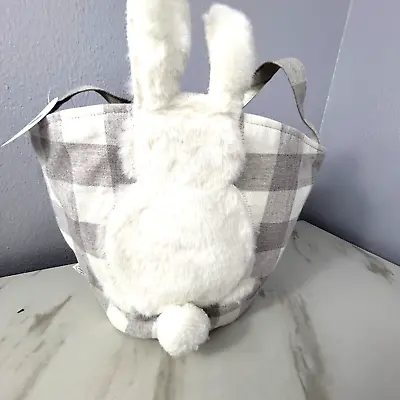 Mud Pie Bunny Canvas Plaid Caddy Bag Easter Basket Gray White 8” Adjustable Ears • $9.99