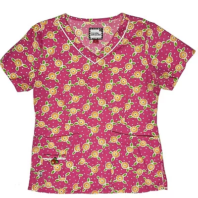 Mary Engelbreit Scrub Uniform Top Hot Pink Floral Design Nurse Vet Size Medium • $11.99