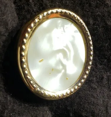 Vintage Mother Of Pearl Golden Magnetic Monogrammed Seamstress Pin Brooch Button • $6.88