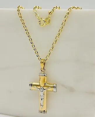 9ct Real Yellow Gold Men&Women Tube Cross Pendant Necklace 20 Inch • £149