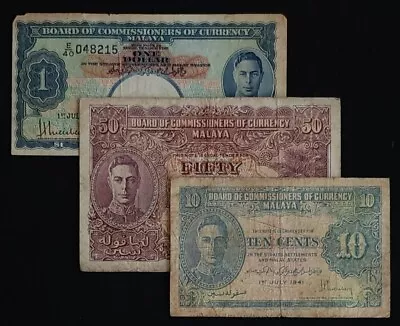 Malaya  Board Commissioners  - Set Of Three 10 & 50 Cents 1 Dollar (1941) G • $0.99