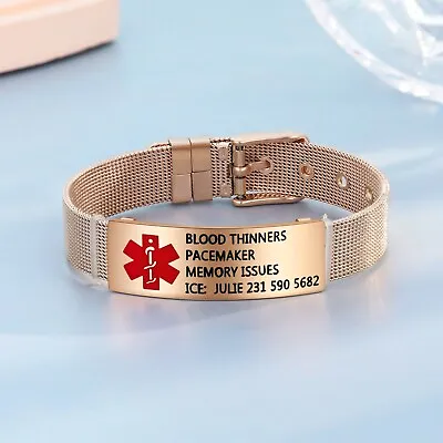 Personalized MEDICAL ID BRACELET Custom Engraved Alert Jewelry Emergency Gifts • £17.56