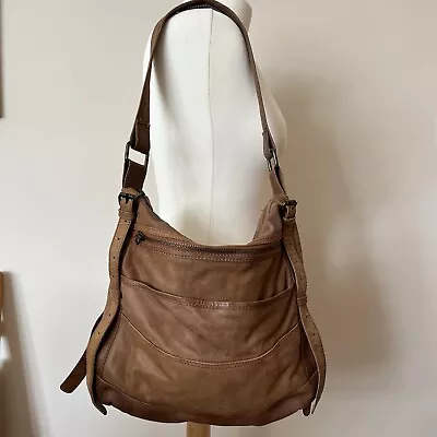 Oasis Leather And Nubuck Tan Brown Shoulder Bag Boho Y2K Distressed Slouch Look • £27