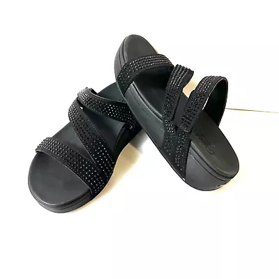 Skechers Arch Fit Sandals Womens 7 Black Strappy Slides Glitter Platform Slip On • $26.99