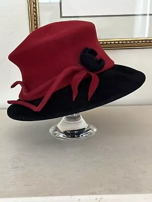 Marzi Firenze Womens Red / Black 100% Rabbit Hair Hat  Wide Brim  Flower ITALY! • $89