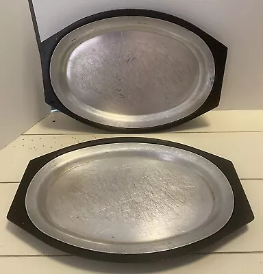 2 Vintage Metal Oval Steak Plates With Fitted Black Plastic Trays Mr Bar B Q • $23.50