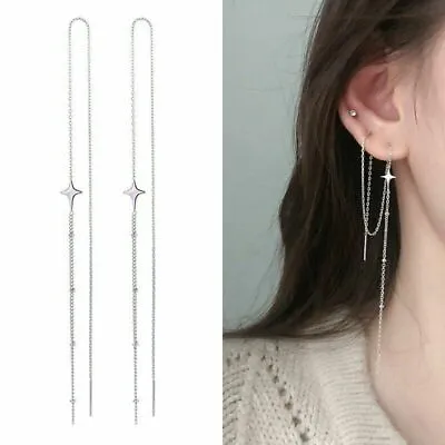 A Pair Long Chain Tassel Threader Earrings Earline Women Silver Star Jewelry I50 • $4.95