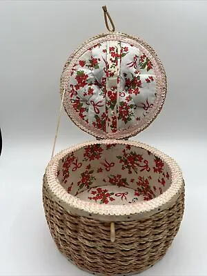 Vintage Dritz 5033 Round Wicker Sewing Basket!tray/made In Japan/floral Interior • $26.99