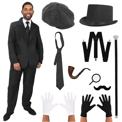 Mens Black Suit Costume Choice Victorian Gangster Old Fashioned Fancy Dress Lot • £18.99