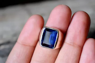 Solid 925 Sterling Silver  Blue Sapphire Cut Gemstone Husband Men's Ring S-60 • $39.99