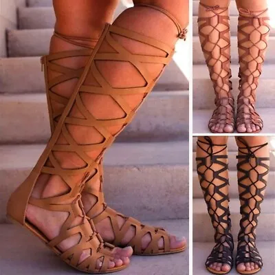 Women Knee High Gladiator Sandals Strappy Beach Flat Shoes Cut Out Lace Up Boots • $23.55