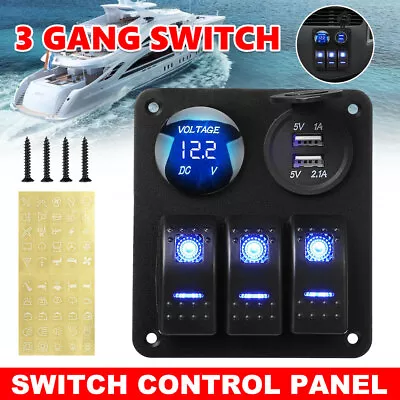 3 Gang 12V Switch Panel Car Boat Marine RV Rocker LED Dual USB Charger Voltmeter • $26.95