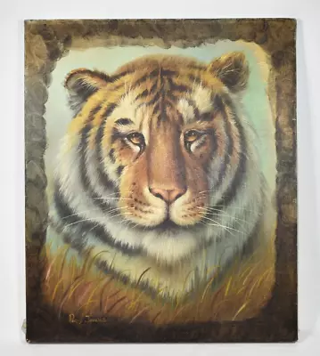 Vintage Tiger 20x24 Original Painting Canvas Signed Percy Jenkins AS-IS Damaged • $89.99