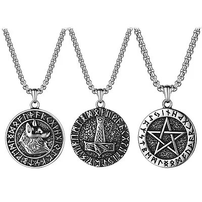 Men's Nordic Viking Wolf Head Round Runes Compass Titanium Steel Necklace Amulet • $14.99