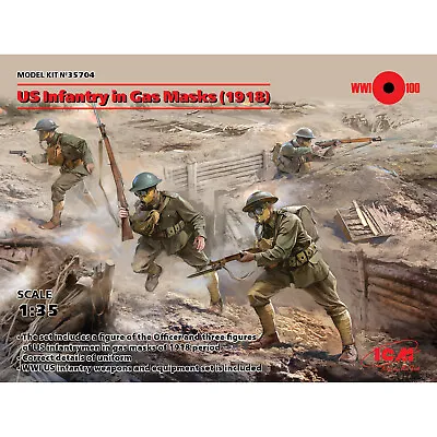 1/35 Scale Model US Infantry In Gas Masks (1918) (4 Figures) 50 Mm ICM 35704 • $43.33