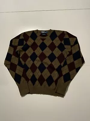 Vintage Polo Ralph Lauren Lambswool Argyle Print AOP Crewneck Prep Sweater Sz. L • $49.99