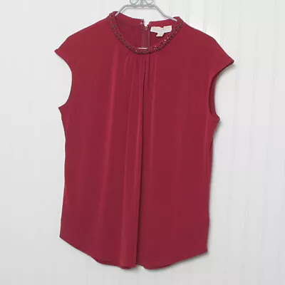 Michael Kors Red Embellished High Neck Sleeveless Back Zip Poly Knit Tunic Top L • $25.99