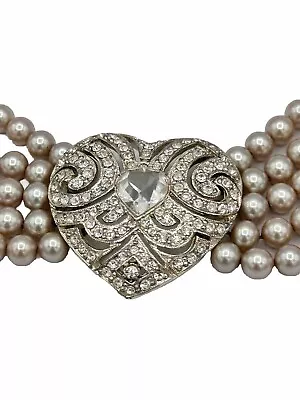 Carolee Crystal Rhinestone Heart Faux Pearl Multi Strand Necklace Vintage 16” • $149.99