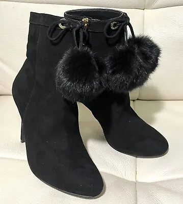 MICHAEL KORS Remi Black Suede Pom Pom Rabbit Fur Ankle Boots 6 M 36 M • $36.99