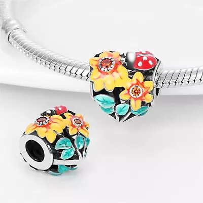 Sunflower Ladybug Ladybird Love Heart Bead Flower Charm 925 Sterling Silver • £13.99