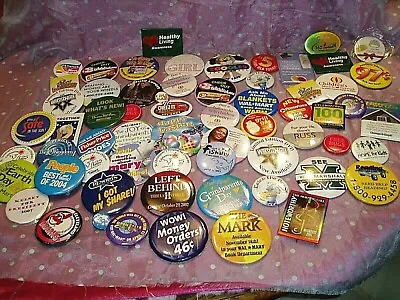  Lot Of 63 Different  Advertising Promotional Pinback Button  Promo Pins  • $14