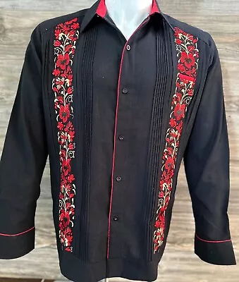 Men Mexican Guayabera Wedding Dress Shirt Black Double Red Flower Embroidery • $65