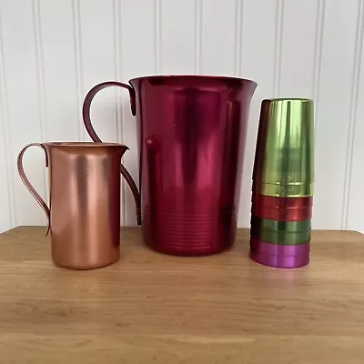 Vtg MCM Bacal Color Craft Pitcher & 8 Cups Colorful Aluminum Barware 2 Pitchers • $50