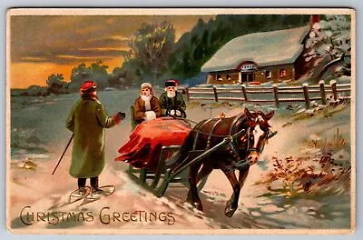 Christmas~Horse Drawn Sleigh Couple Greet Fellow On Snowshoes~Home Lights~1910 • $11