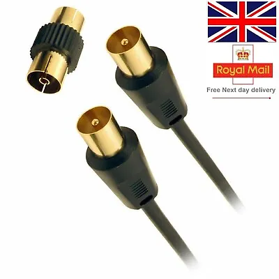 Coaxial Aerial Cable Extension BLACK TV RF Fly Lead Male To Male GOLD 1m - 10m • £2.19