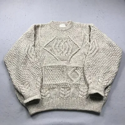 VINTAGE Irish Sweater Mens Large Beige Gray Aran England Crewneck Wool Fisherman • $34.99