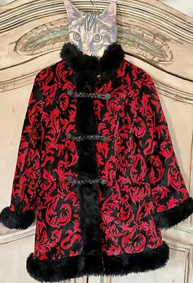 Vintage Tapestry Coat Size Small Fur Trim. Red Black Frog Closure Valentines Day • $225