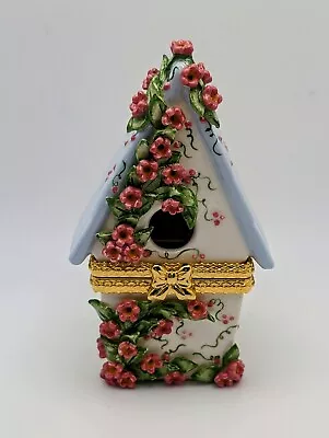 Ceramic Porcelain Birdhouse Birds Hinged Trinket Ring Box Pink Roses Floral  • $8.99