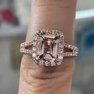 2Ct Emerald Cut Lab-Created Morganite Halo Engagement Ring 14K Rose Gold Plated • £110.71